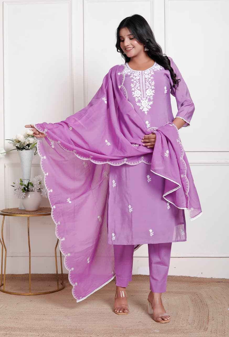  Lavender white embroidered mul chanderi kurta set